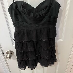 BCBG black satin and sequin ruffle cocktail dress